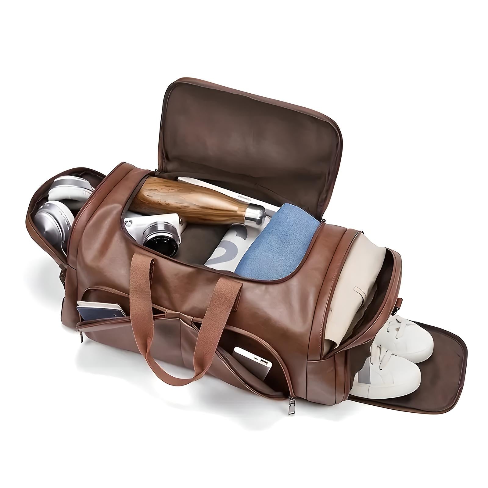 Men's Multi-Compartment Leather Duffle Bag
