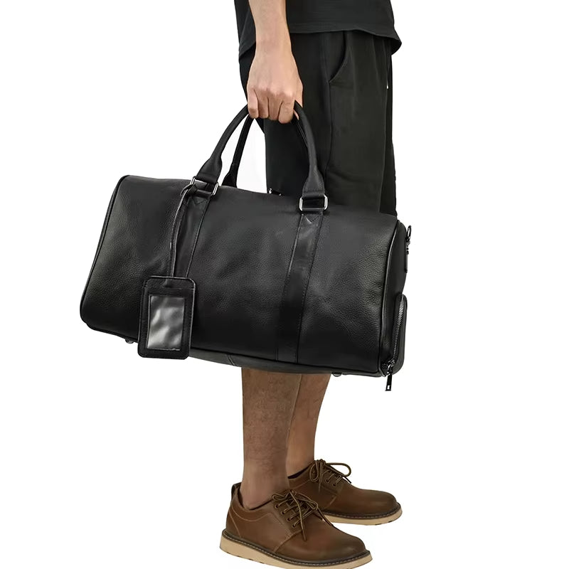 Men's Genuine Leather Travel Garment Duffle Bag with Shoe Compartment