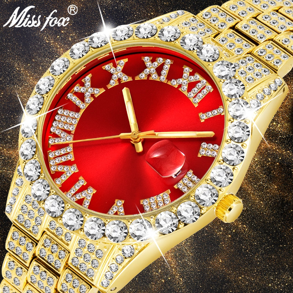 MISSFOX 2643Re Men's Watches Modern Diamond Waterproof Red Watch Men Top Brand Luxury 18k Gold Man Watch Analog Quartz Watch Men