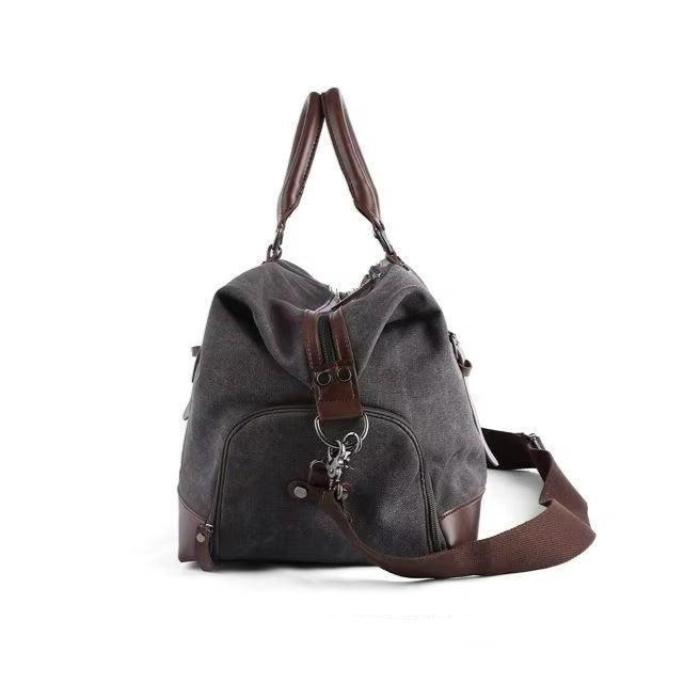 Vintage Graphite Canvas and Brown Leather Weekender Travel Garment Duffle Bag