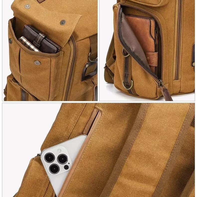 Men's Spacious Canvas Travel Hiking Carry On Rucksack Laptop Backpack