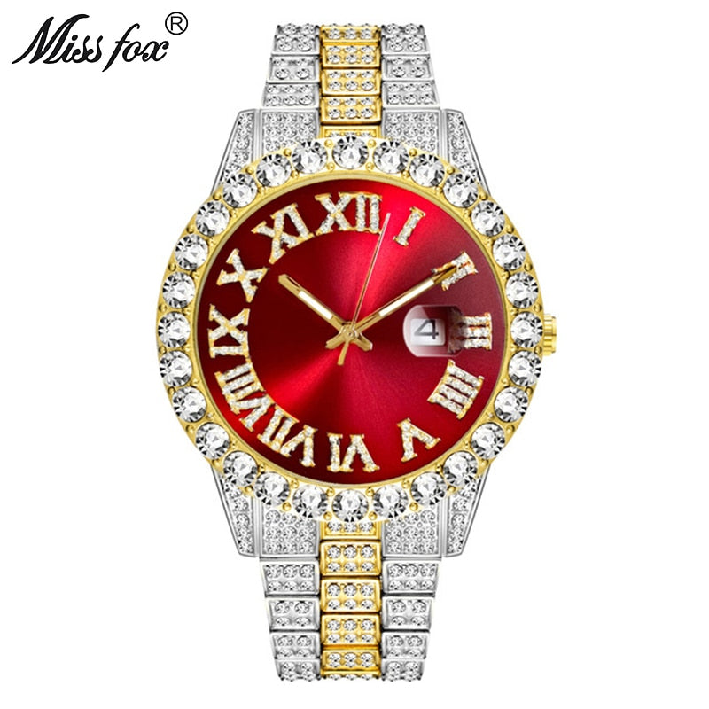 MISSFOX 2643Re Men's Watches Modern Diamond Waterproof Red Watch Men Top Brand Luxury 18k Gold Man Watch Analog Quartz Watch Men