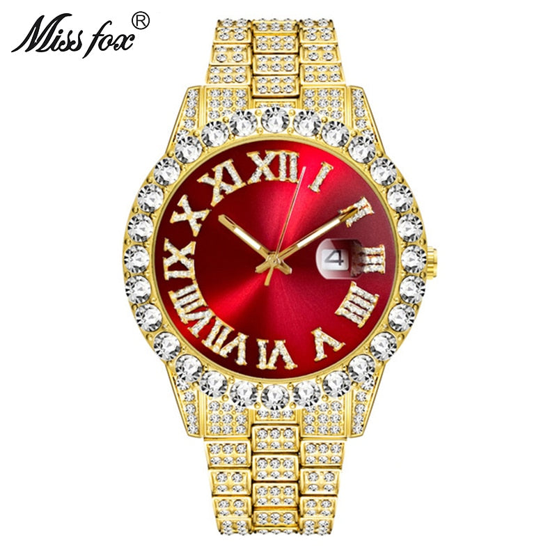 MISSFOX 2643Re Men's Watches Modern Diamond Waterproof Red Watch Men Top Brand Luxury 18k Gold Man Watch Analog Quartz Watch Men