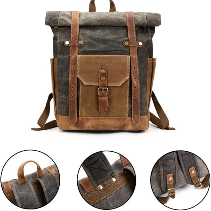 Men's Military Roll-Top Canvas Travel Hiking Laptop Backpack