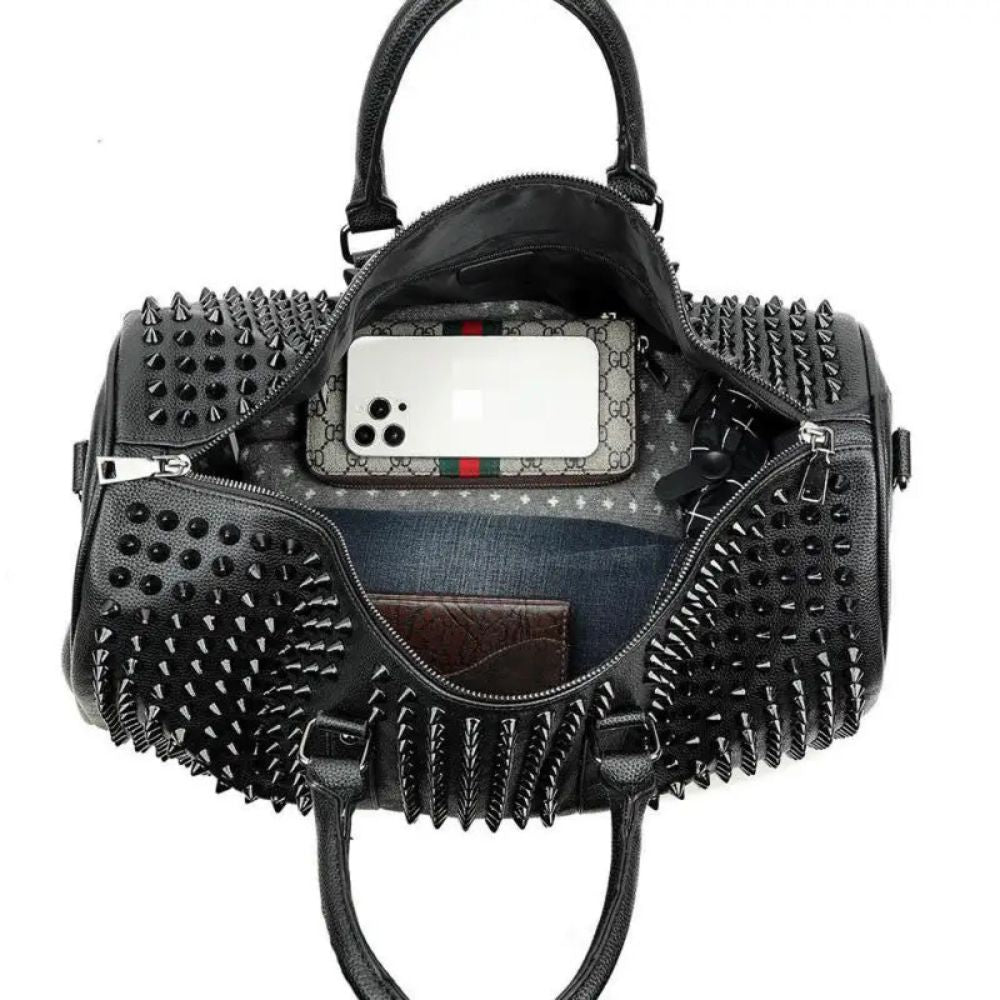 Rogue | Unisex Leather Black Punk Rivet Large Weekender Travel Duffle Bag