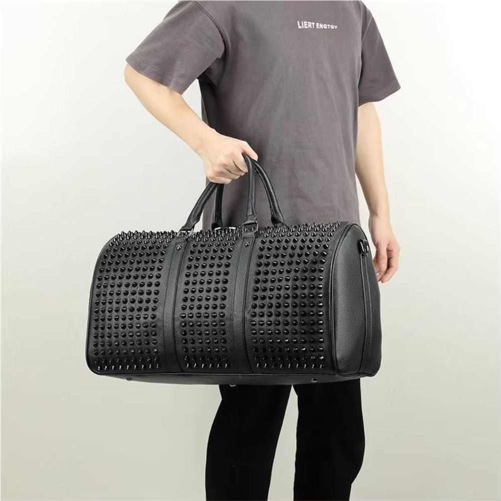 Rogue | Unisex Leather Black Punk Rivet Large Weekender Travel Duffle Bag