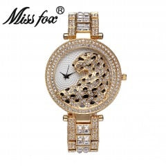 MISSFOX V227 Women Quartz Watch Fashion Bling Casual Ladies Watch Female Quartz Gold Watch Crystal Diamond Leopard For Women Clock