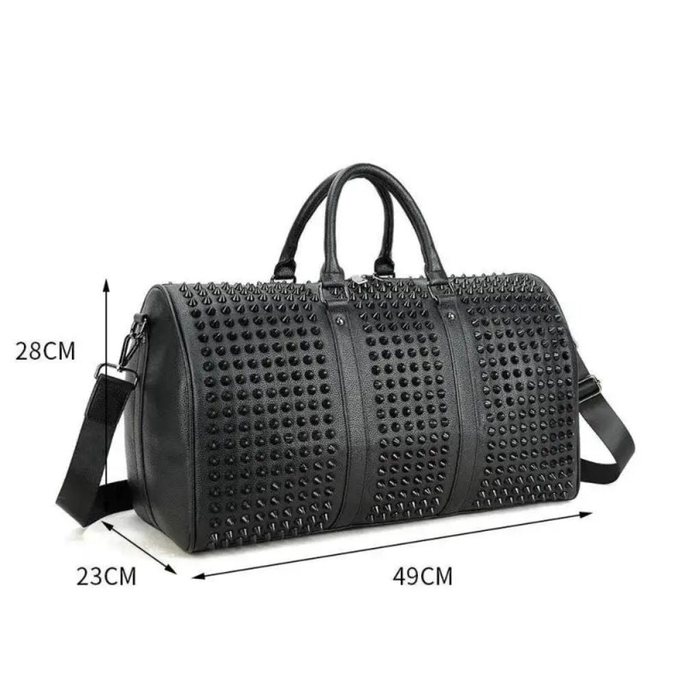 Rogue | Unisex Leather Black Punk Rivet Large Weekender Travel Duffle Bag