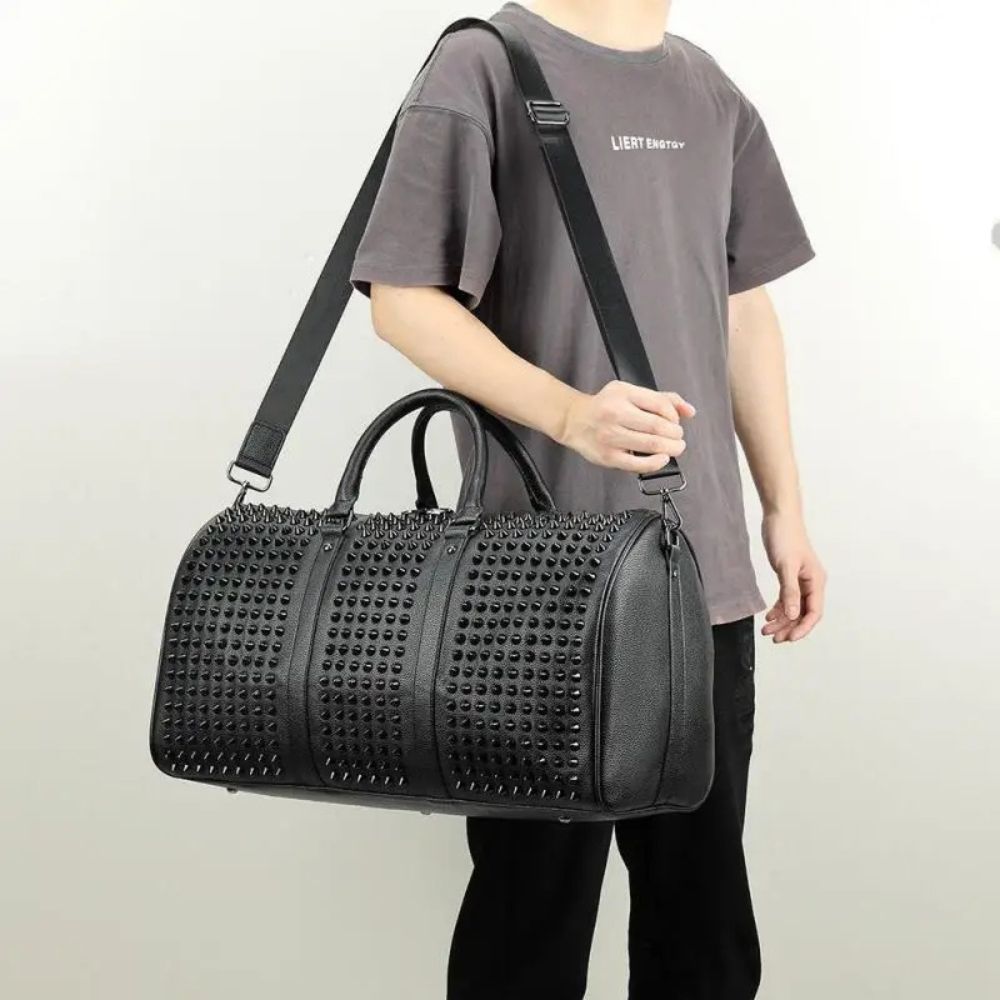 Rogue | Unisex Leather Black Punk Rivet Large Weekender Travel Duffle Bag