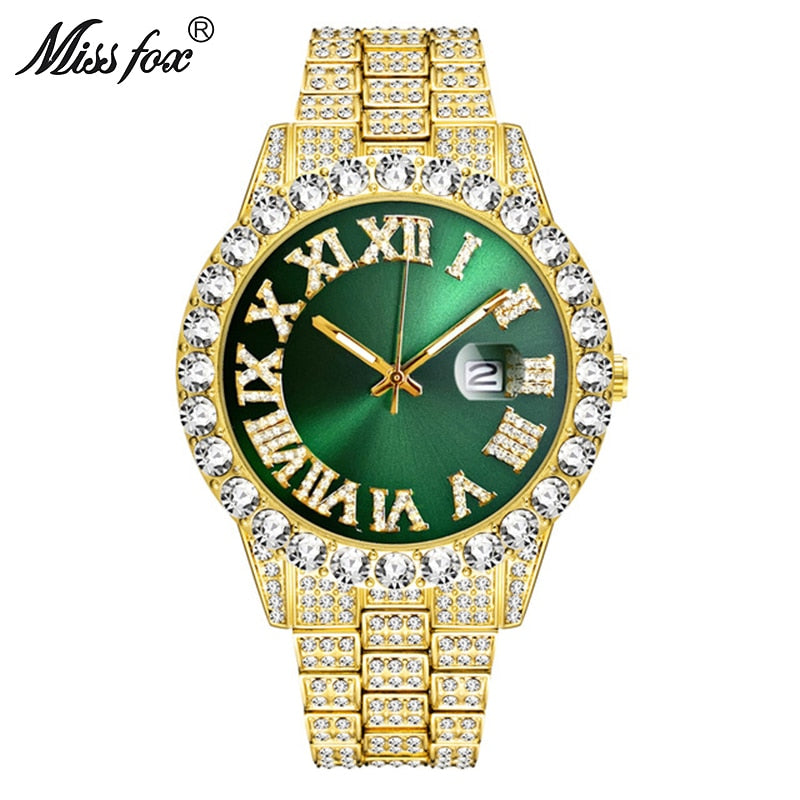 MISSFOX 2643Re Men's Watches Modern Diamond Waterproof Red Watch Men Top Brand Luxury 18k Gold Man Watch Analog Quartz Watch Men