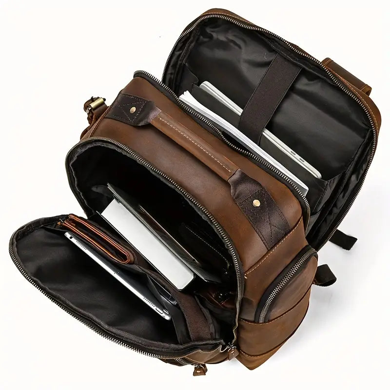 Men's Vintage Leather Large Travel Hiking Laptop Backpack