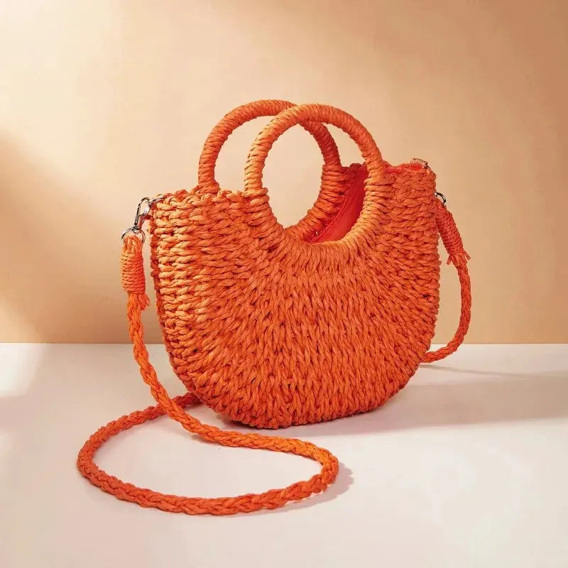 Women’s Straw Crossbody Handbag Half-Moon Style with Dual Handles