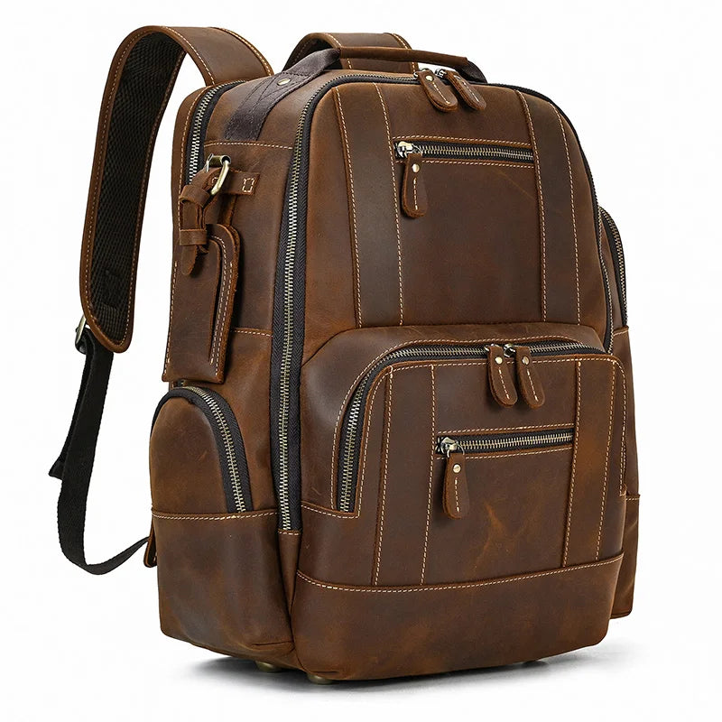 Men's Vintage Leather Large Travel Hiking Laptop Backpack