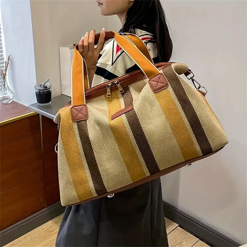 Eleanor | Women's Vintage Canvas Colourblock Stripes Overnight Travel Duffle Bag