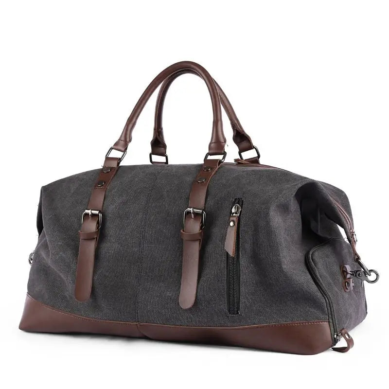 Vintage Graphite Canvas and Brown Leather Weekender Travel Garment Duffle Bag