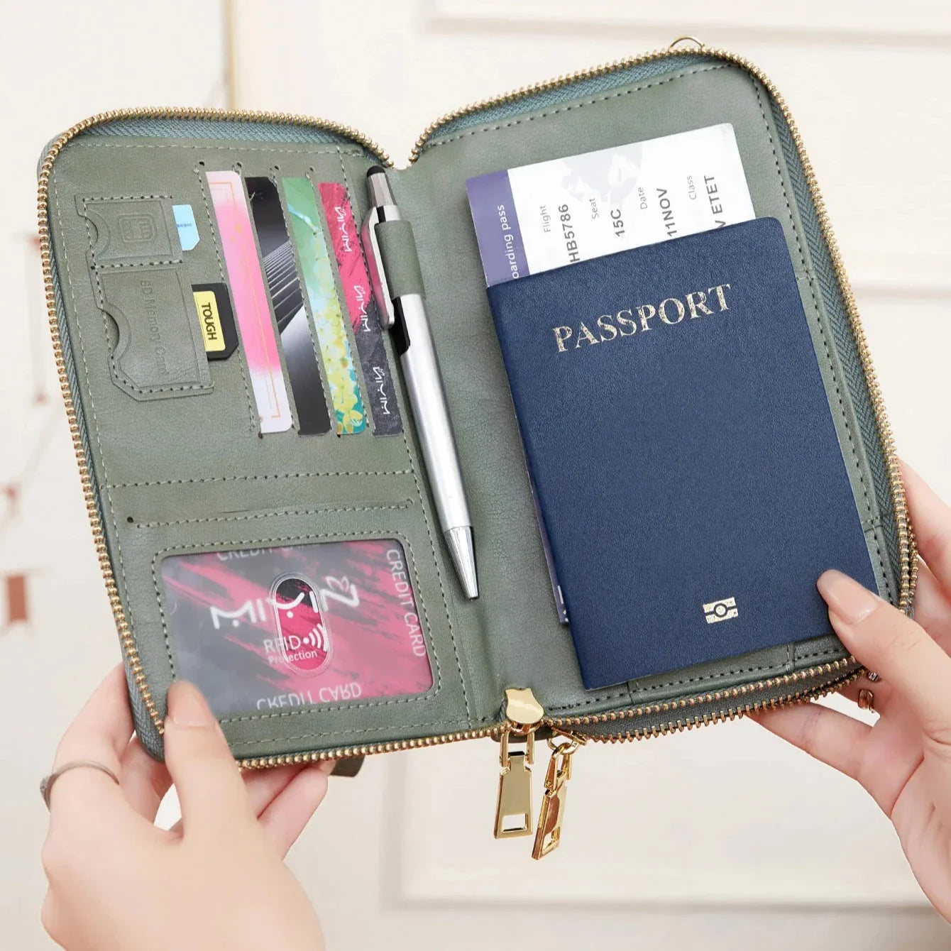Women's RFID Blocking Passport Holder Travel Wallet with Strap