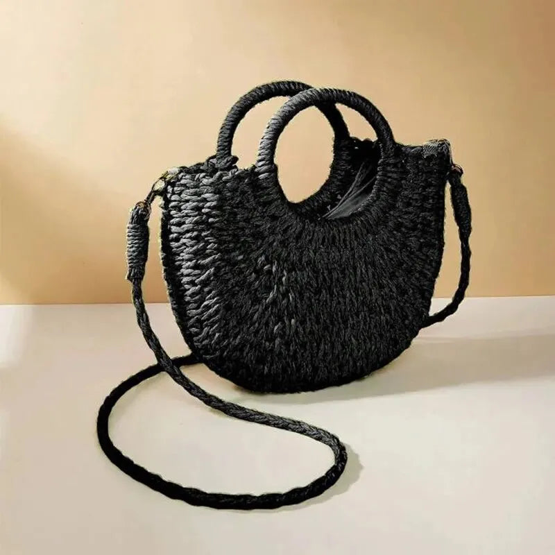 Women’s Straw Crossbody Handbag Half-Moon Style with Dual Handles