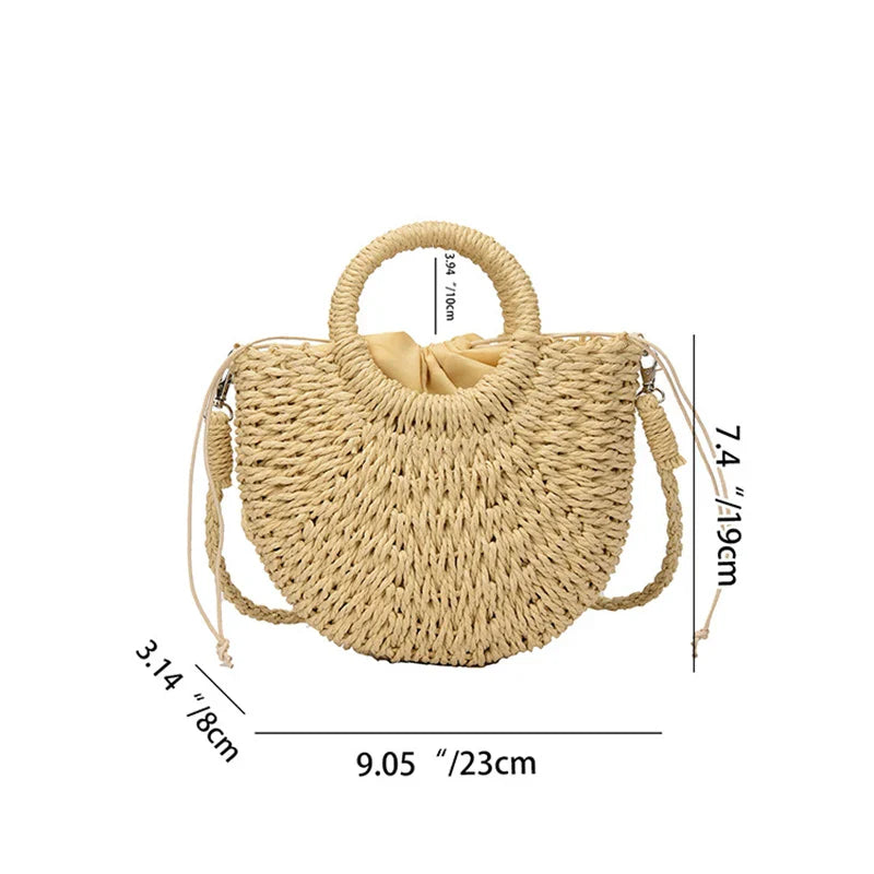 Women’s Straw Crossbody Handbag Half-Moon Style with Dual Handles
