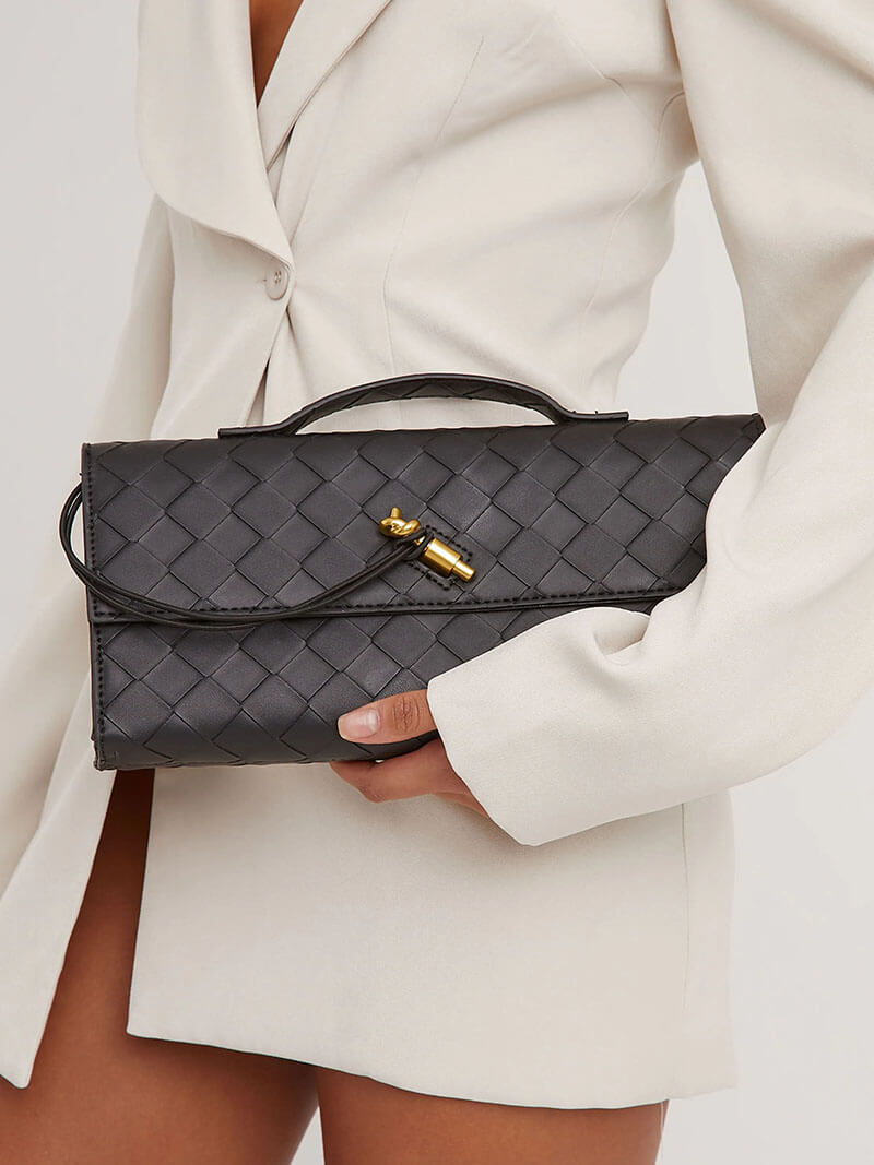Women's Woven Shoulder Handbag with Top Handle and Flap Closure