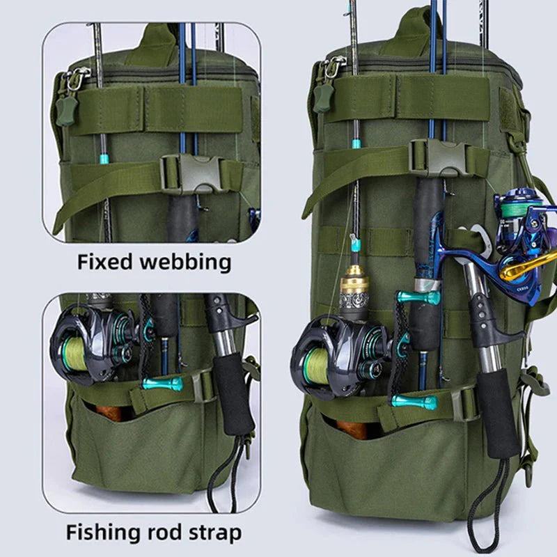 Fishing Gear Backpack Water-Resistant Multi-Pocket Bag with Rod Holders