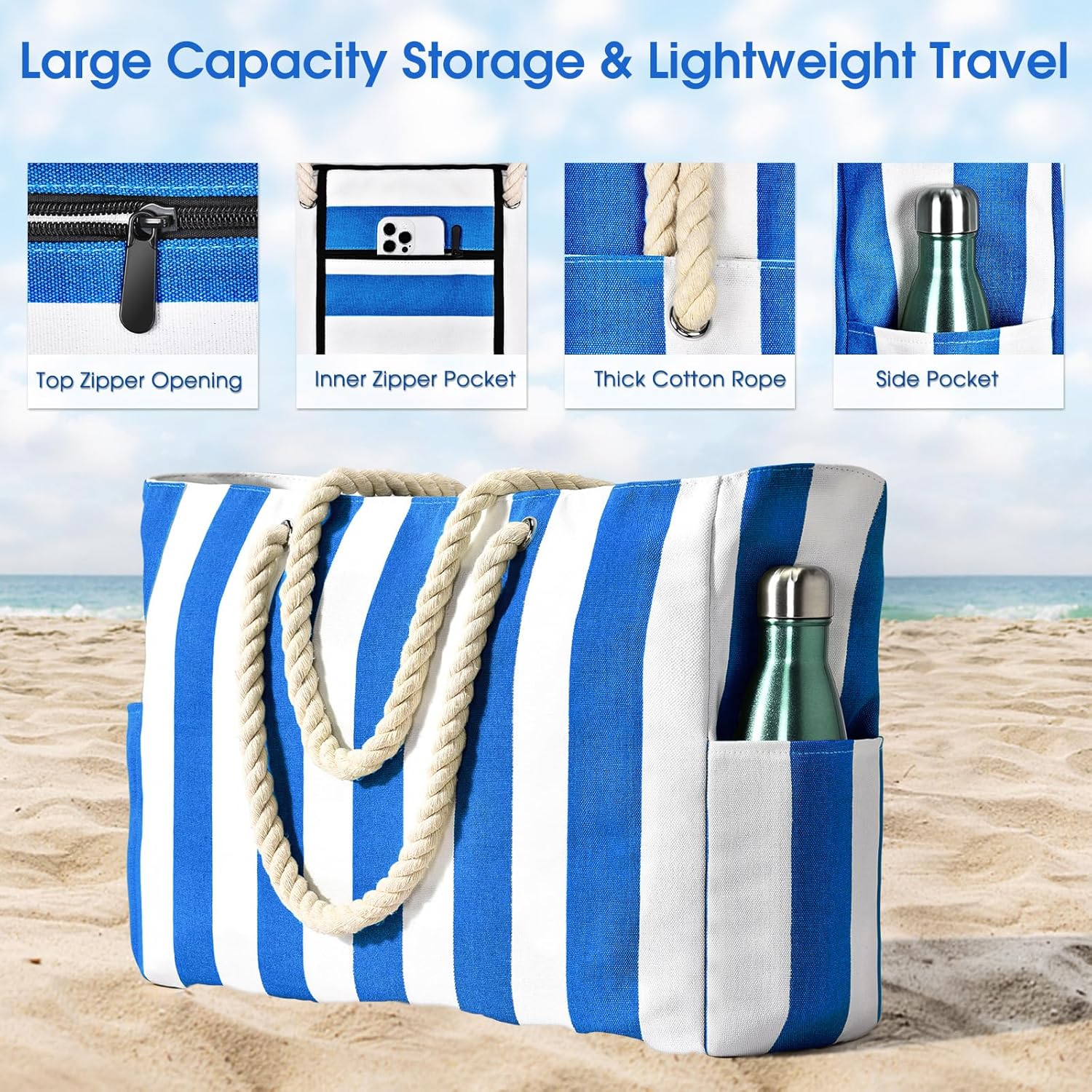 Oversized Waterproof Sandproof Beach Tote Bag With Secure Zipper Top