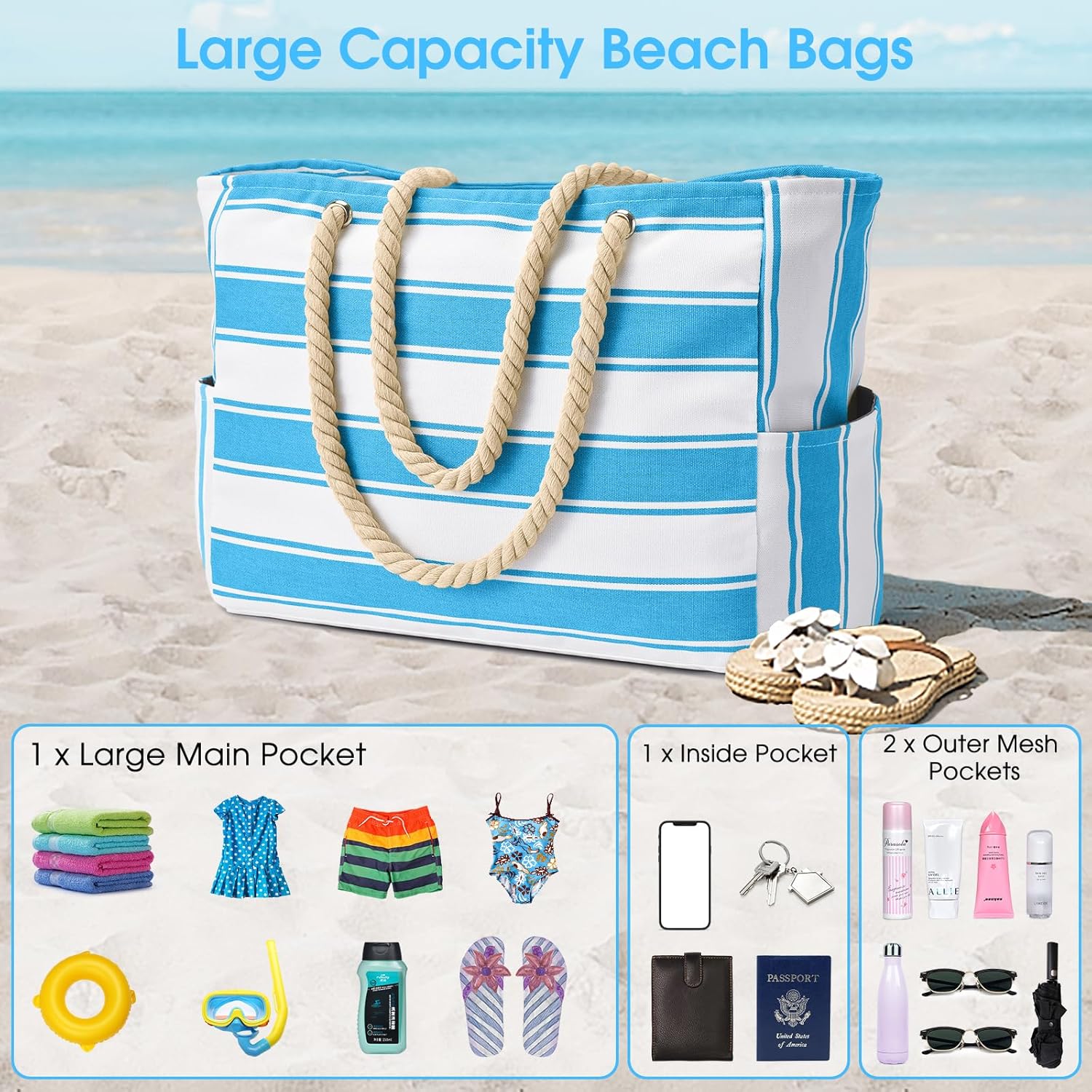 Oversized Waterproof Sandproof Beach Tote Bag With Secure Zipper Top