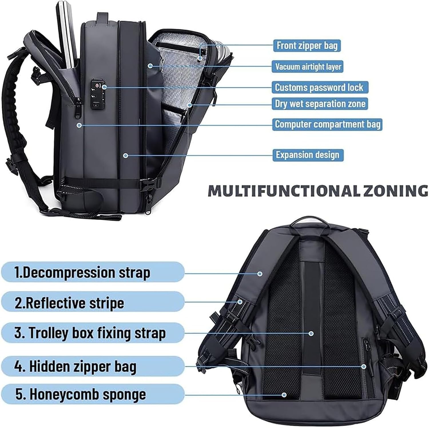 Expandable Compression Travel Backpack with Anti-Theft Lock & Wet Pocket