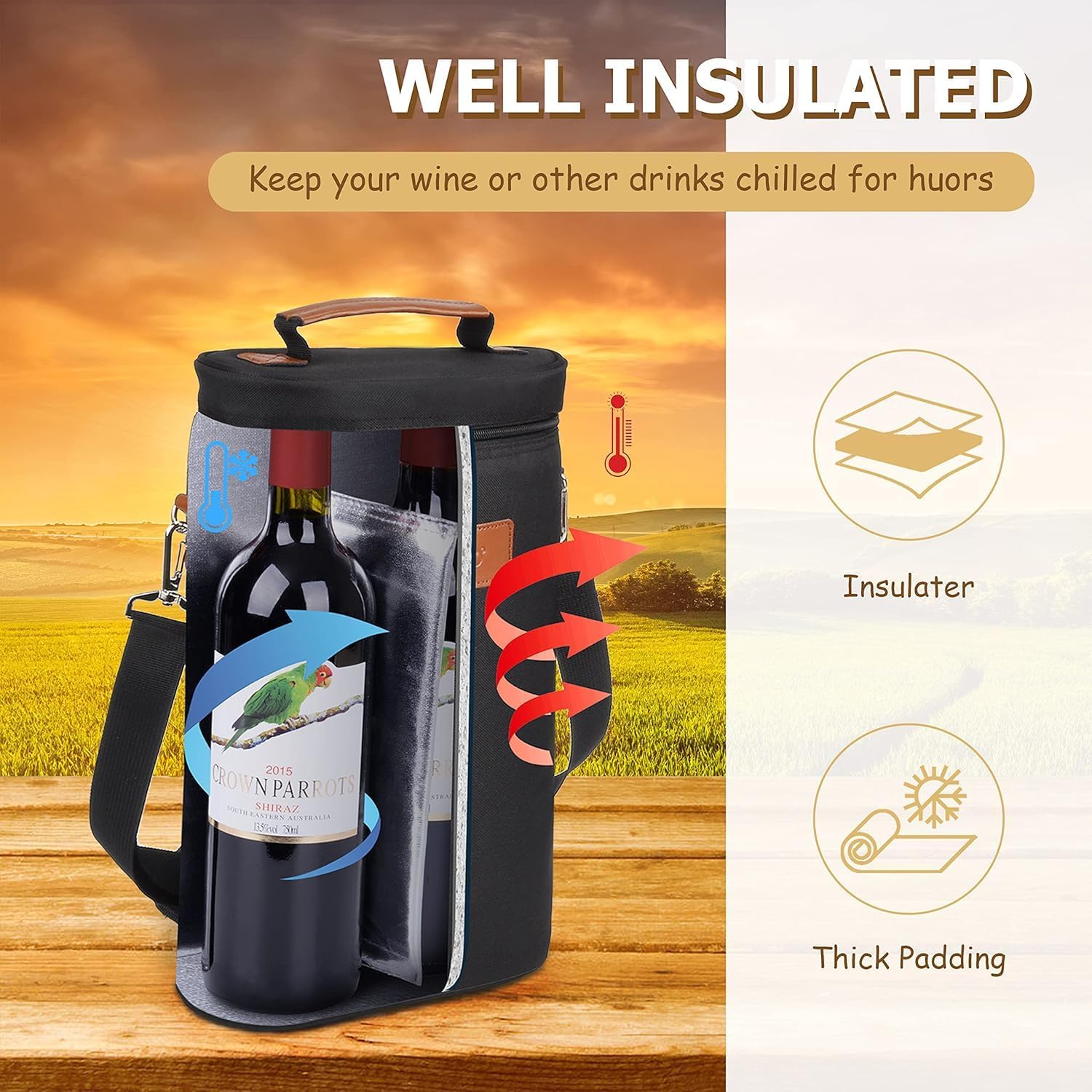 Double Wine Bottle Cooler Carrier Bag for Travel and Outdoor Picnics