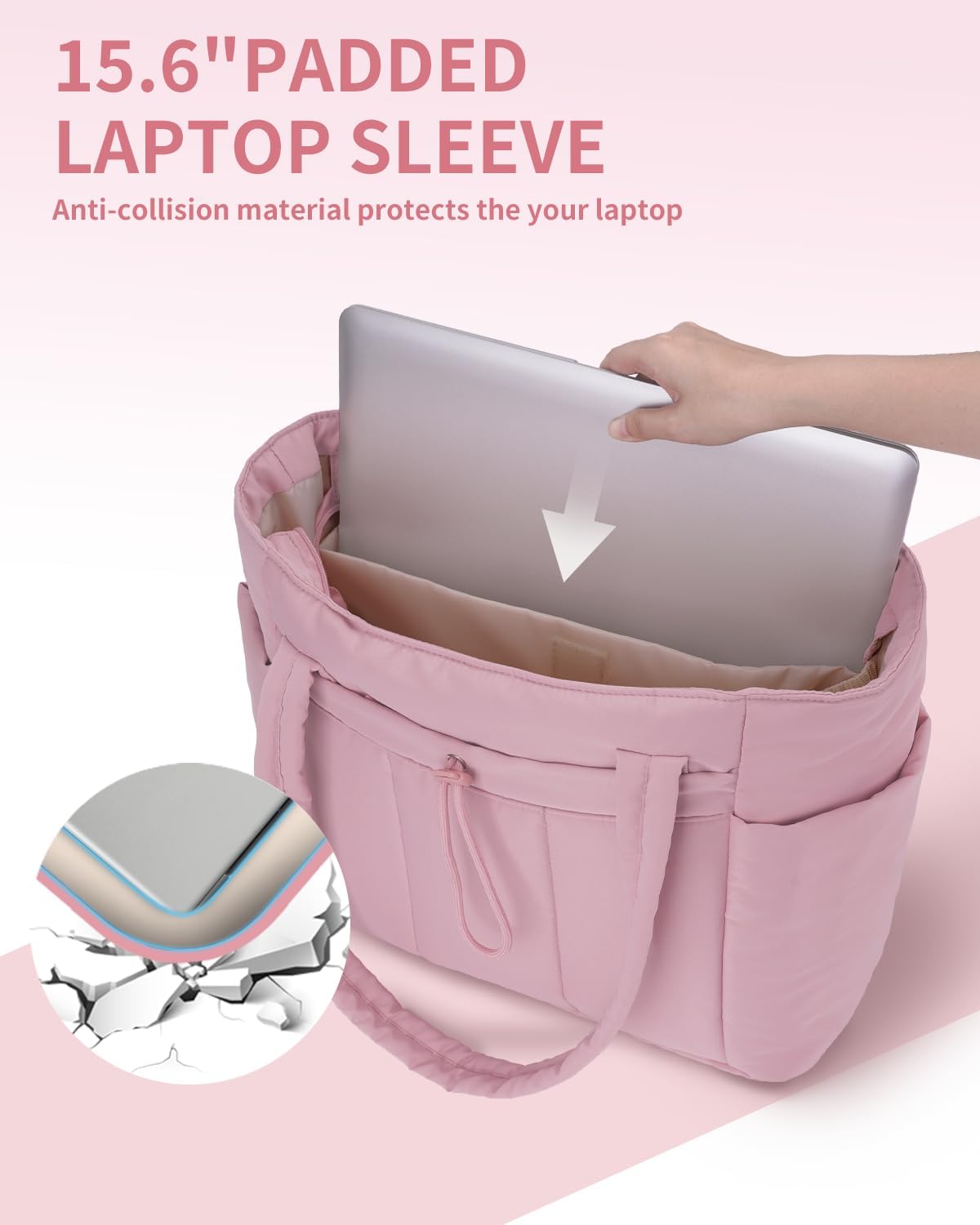 Quilted Work Travel Tote with Cup Holder and Padded Sleeve for Laptop