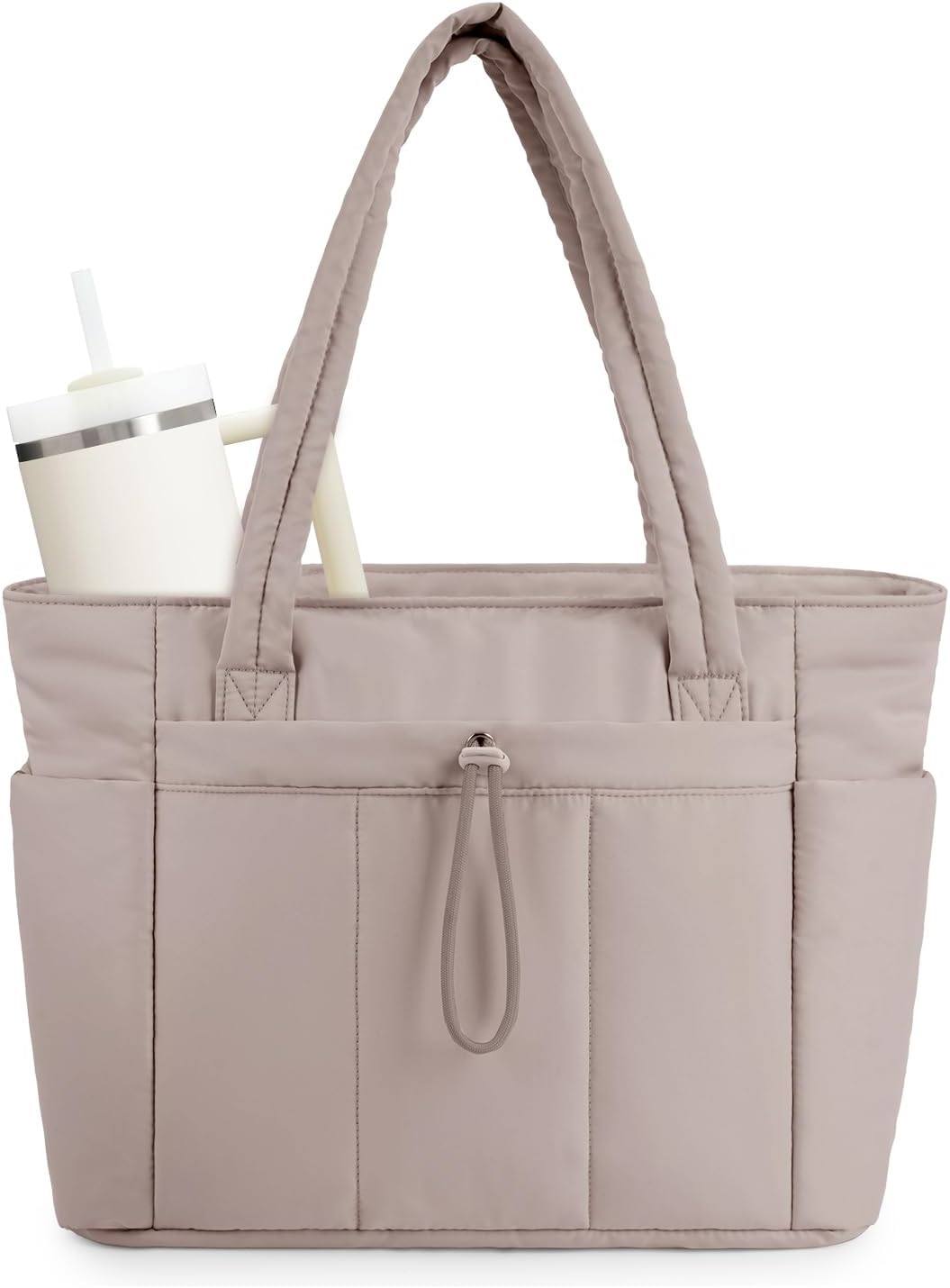 Quilted Work Travel Tote with Cup Holder and Padded Sleeve for Laptop