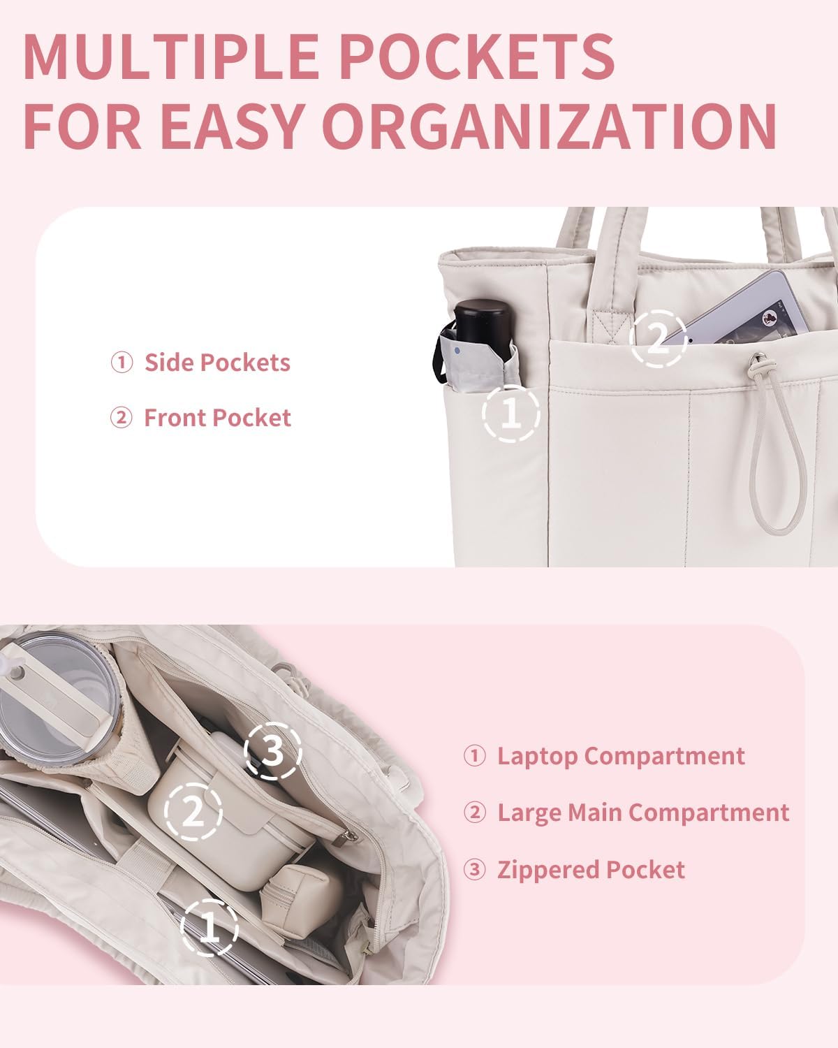 Quilted Work Travel Tote with Cup Holder and Padded Sleeve for Laptop