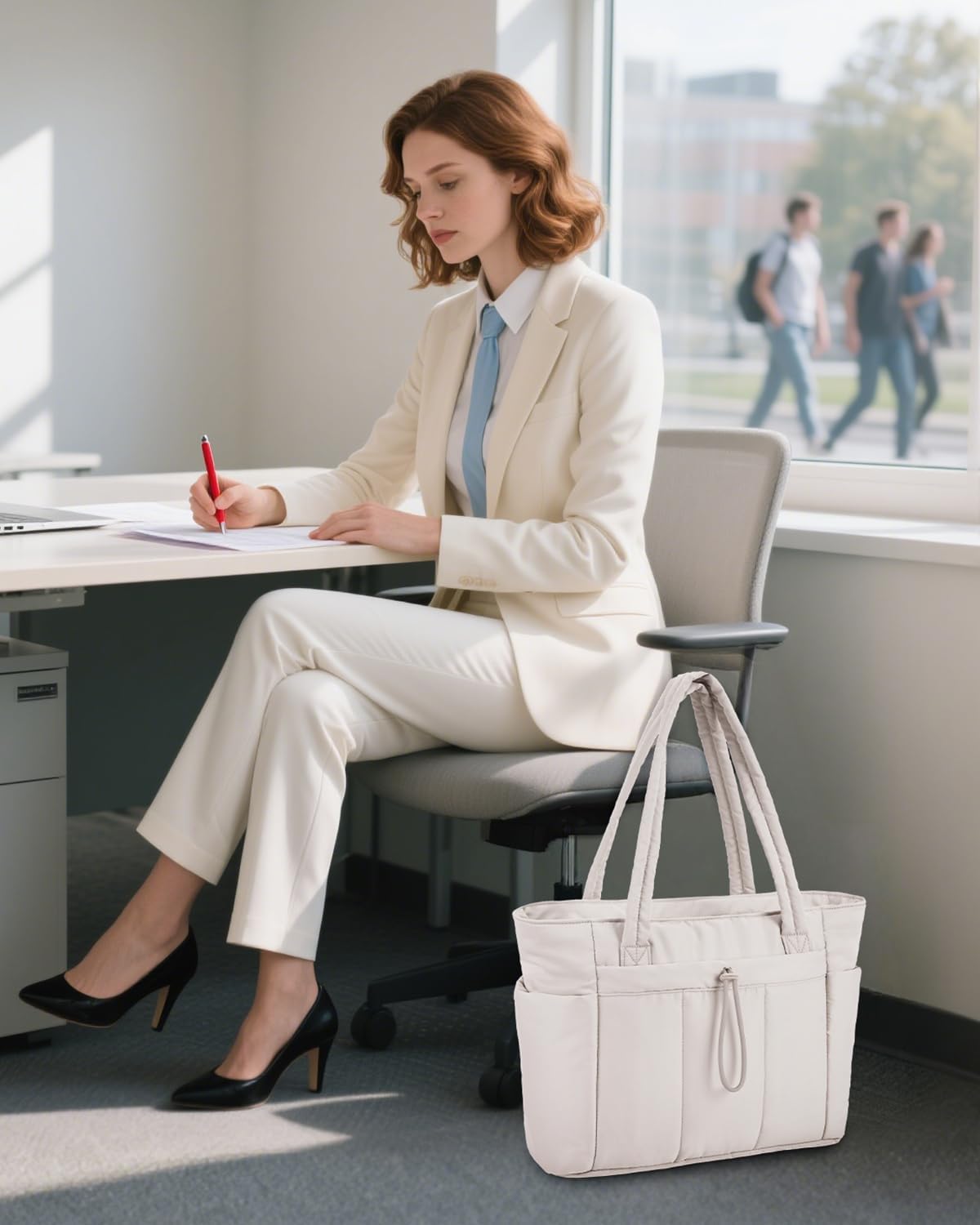 Quilted Work Travel Tote with Cup Holder and Padded Sleeve for Laptop