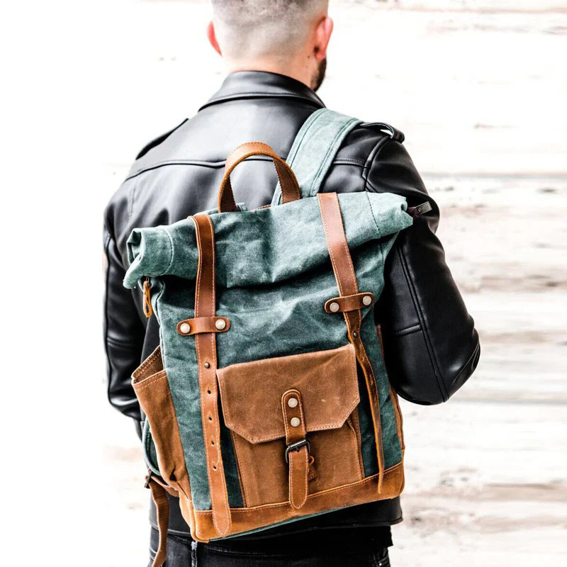 Men's Military Roll-Top Canvas Travel Hiking Laptop Backpack