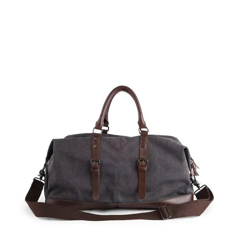 Men's Vintage Graphite Canvas and Brown Leather Weekender Travel Garment Duffle Bag