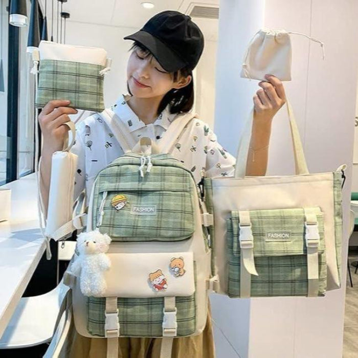 Mila | Women's 5-Piece Kawaii Plaid Travel Backpack Set
