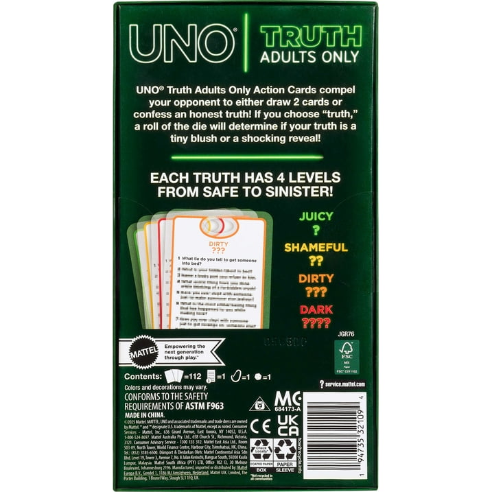 UNO Truth Adults Only Card Game, 4-Level Raciness Play, Bold Truth Questions Card Game for Adult Game Night, Perfect for Travel, Dorm, Camping and Party, Fun Icebreaker Game for Friends and Couples