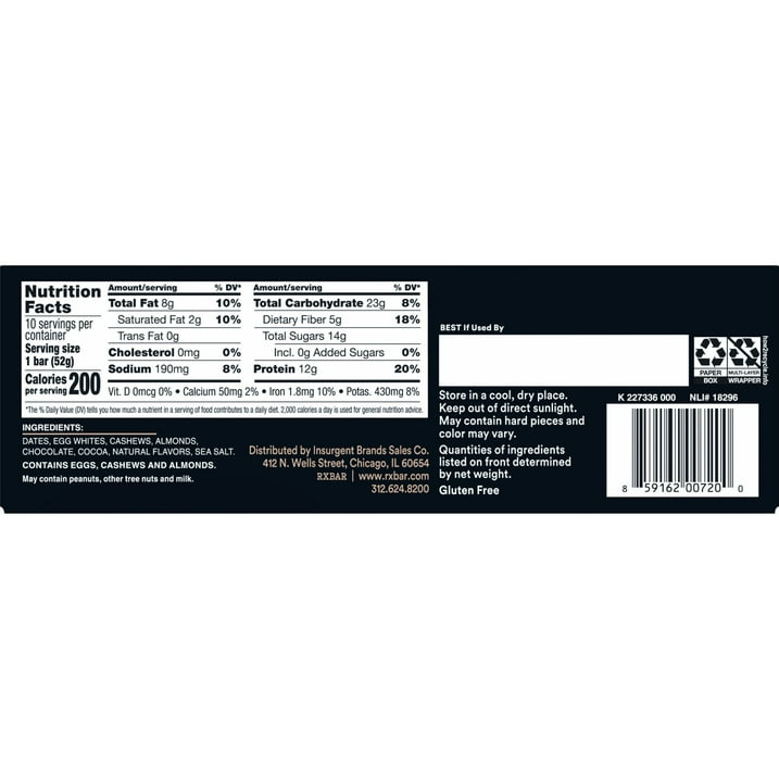 RXBAR Chocolate Sea Salt Protein Bars, 10 Count, Gluten Free Whole Food Protein Bar Made with Egg Whites and Dates, Clean Ingredient Snack for Post Workout and Travel