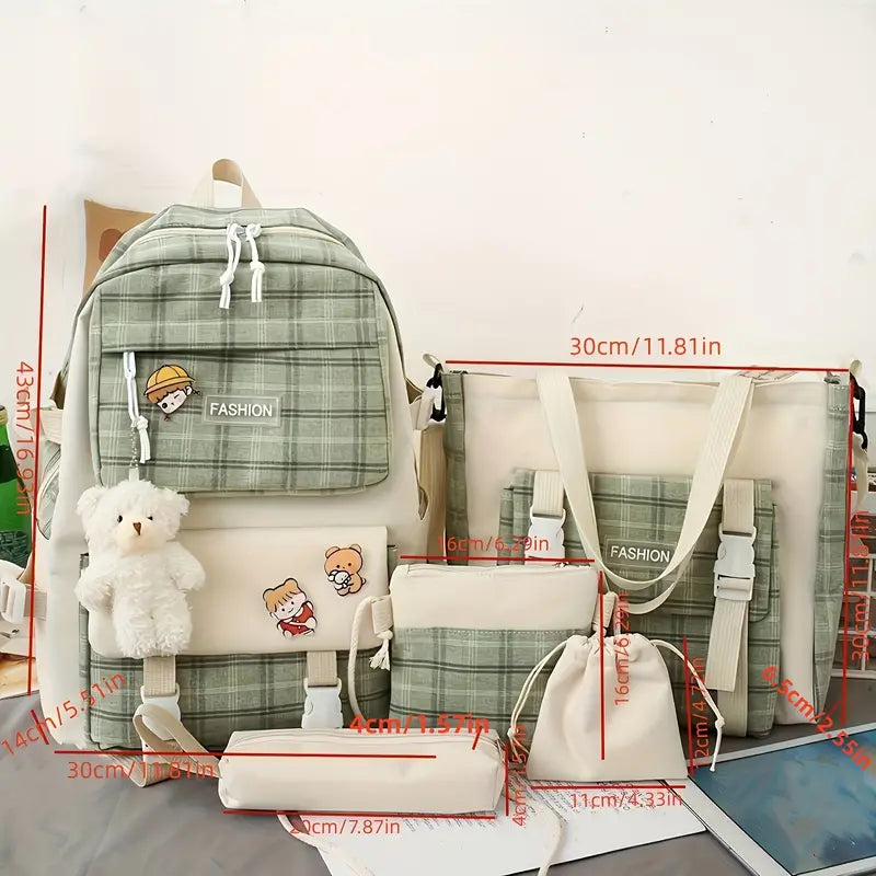 Mila | Women's 5-Piece Kawaii Plaid Travel Backpack Set