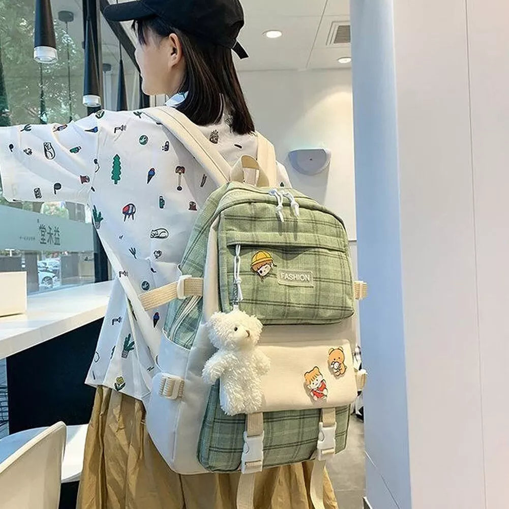 Mila | Women's 5-Piece Kawaii Plaid Travel Backpack Set