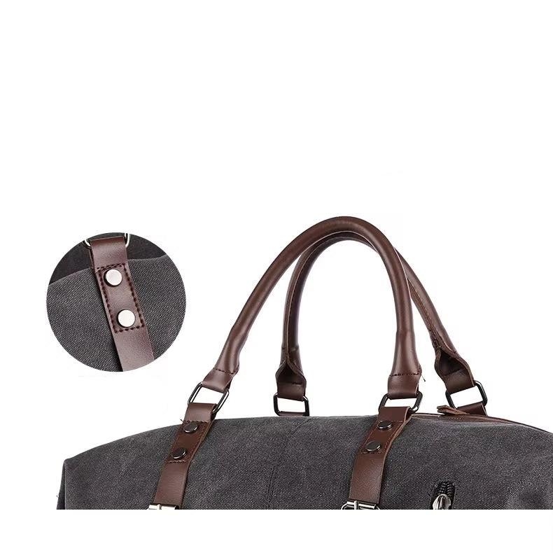Men's Vintage Graphite Canvas and Brown Leather Weekender Travel Garment Duffle Bag