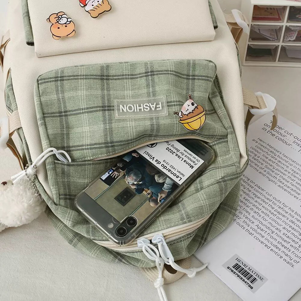Mila | Women's 5-Piece Kawaii Plaid Travel Backpack Set