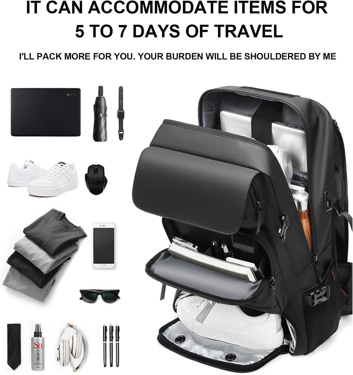 Waterproof 50L Travel Backpack With USB Port & Separate Shoe Area