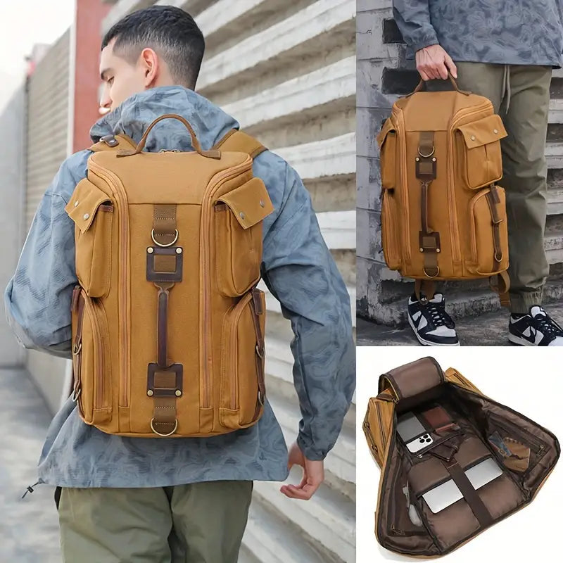Men's Spacious Canvas Travel Hiking Carry On Rucksack Laptop Backpack