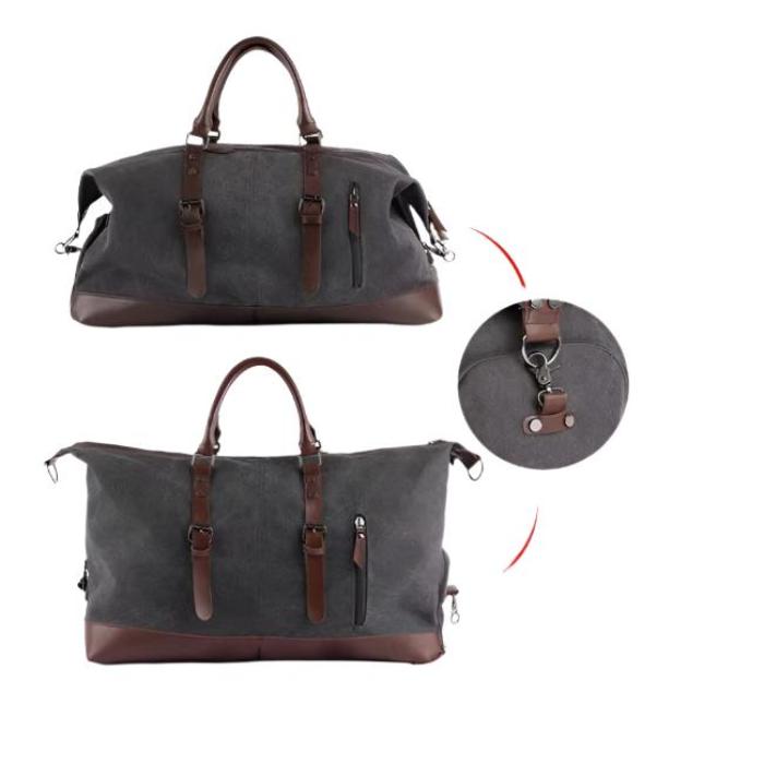 Men's Vintage Graphite Canvas and Brown Leather Weekender Travel Garment Duffle Bag