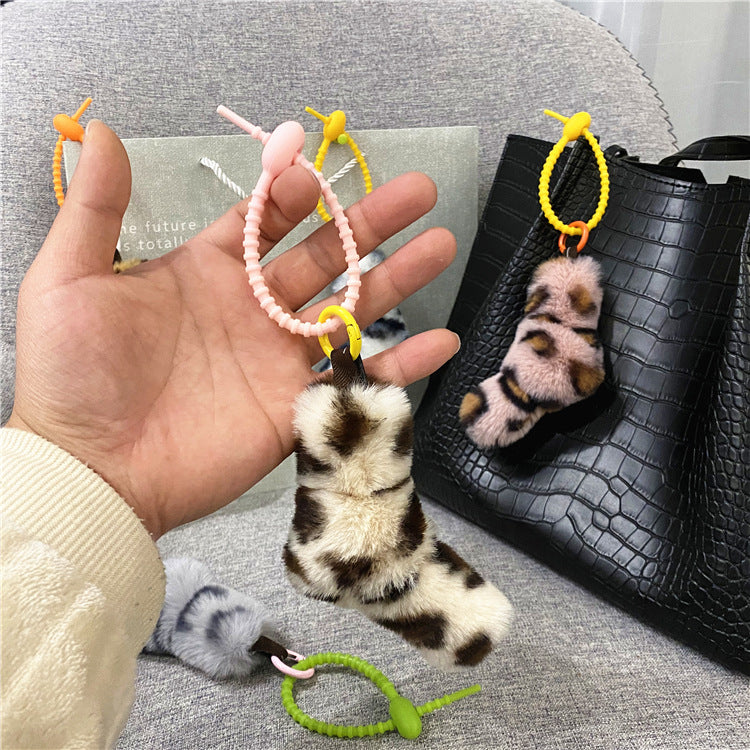 Leopard Print Twist Kink Girl Fashion Creative Bag Pendant Car Key Chain School Bag Cute Plush Mobile Phone Case Accessories