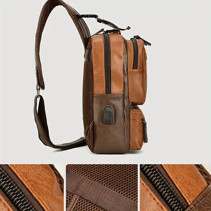 Adam | Men's PU Leather Crossbody Sling Travel Bag with Charging Port