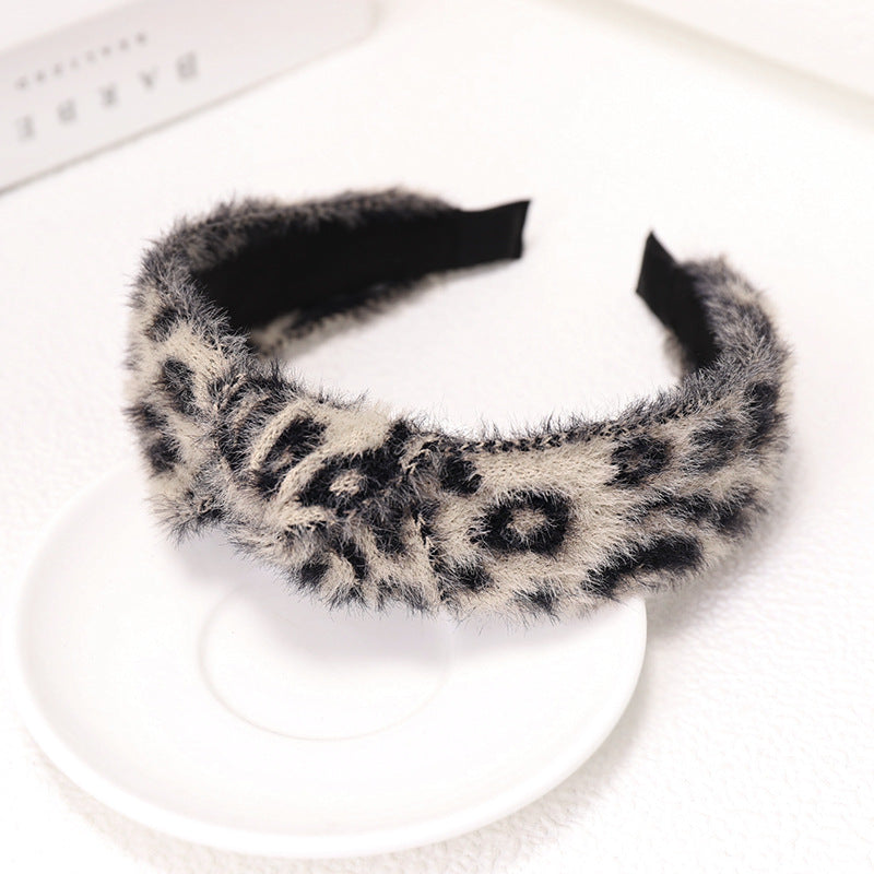 Autumn and Winter Vintage Small Fragrant Wind Mink Hair Leopard Pattern Wavy Dot Middle Twist Hair Band Wide Edge Hair Clip C743