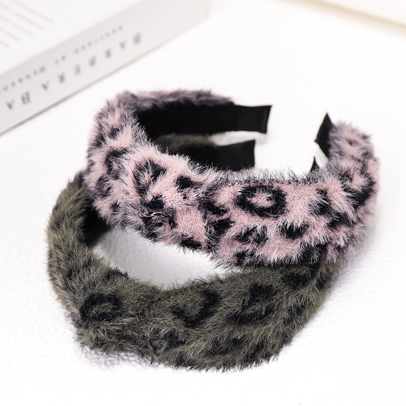Autumn and Winter Vintage Small Fragrant Wind Mink Hair Leopard Pattern Wavy Dot Middle Twist Hair Band Wide Edge Hair Clip C743