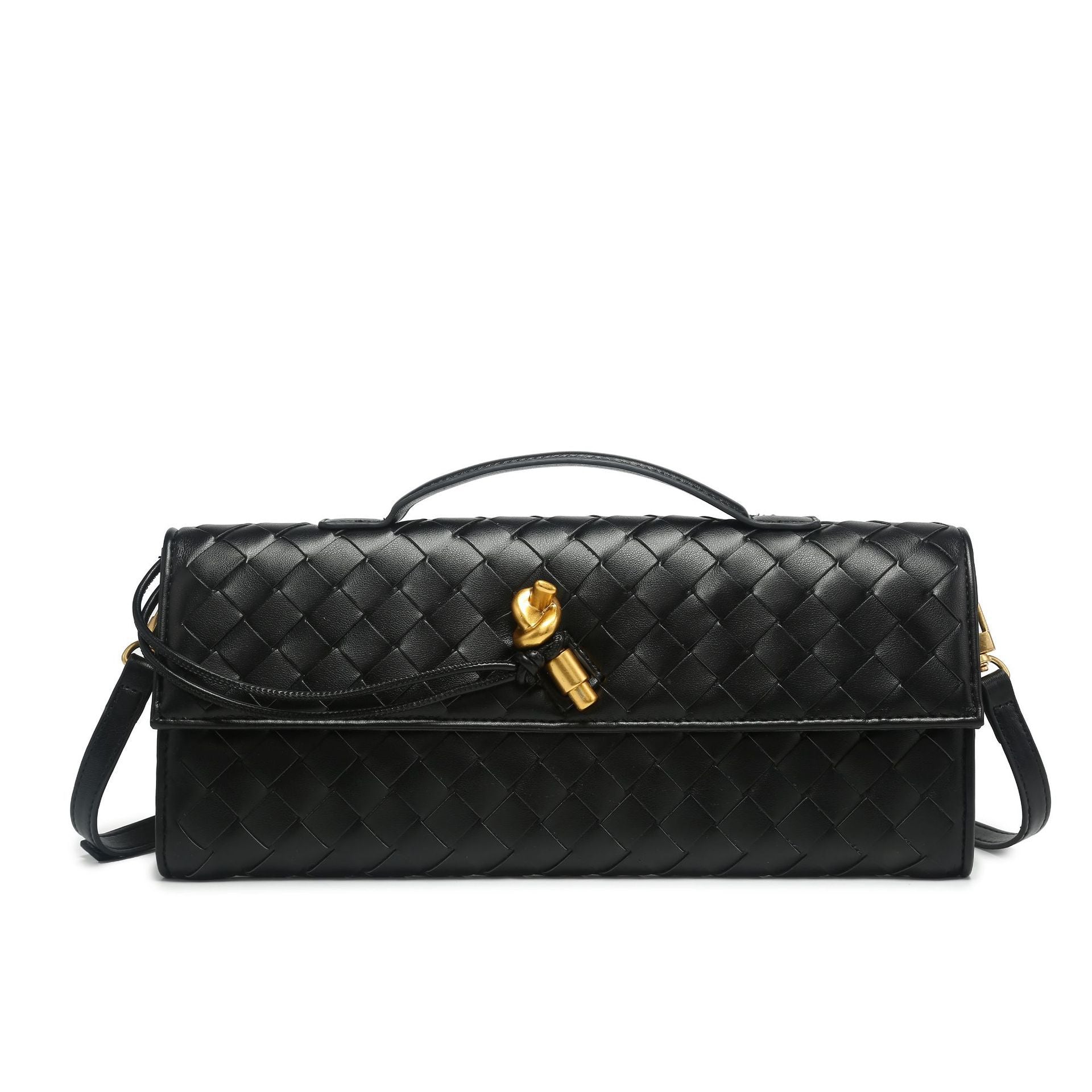 Women's Woven Shoulder Handbag with Top Handle and Flap Closure