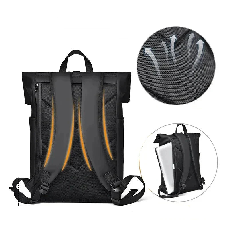 Men's Unisex Rolltop Backpack Quilted Design Black Travel Bag